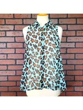 Toska Early Millennial Teal Animal Print Hi-Low Racerback Semi Sheer Top Medium